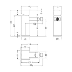 [BTRP306] Square Mono Bidet Mixer Tap and Pop Up Waste - Chrome - Technical Drawing