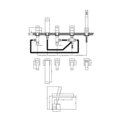 [BTRP314] Deck Mount Square 5 Tap Hole Bath Shower Mixer Tap with Shower Kit - Chrome - Technical Drawing