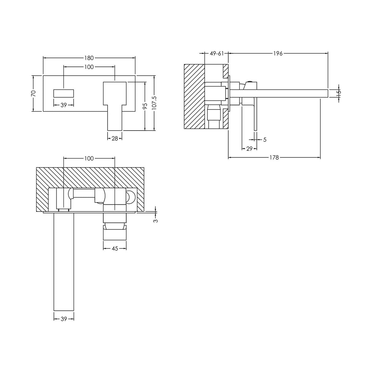 [BTRP328] Square Wall Mount 2 Tap Hole Basin Mixer Tap & Back Plate - Chrome - Technical Drawing