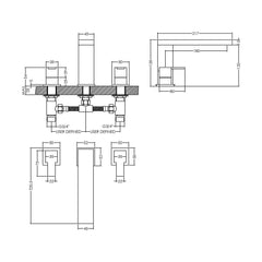 [BTRP333] Square Deck 3 Mounted Tap Hole Bath Filler Tap - Chrome - Technical Drawing