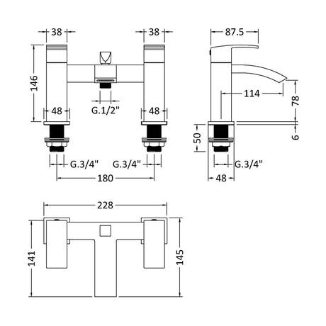 [BTSI404] Balterley Contemporary Dual Lever Deck Mounted Bath Shower Mixer Tap with Ceramic Disc Technology, 229 x 127 x 138mm, Matt Black - Technical Drawing