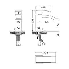 [BTSI405] Balterley Contemporary Square Single Lever Deck Mounted Mono Basin Mixer Tap with Push Button Waste, 180 x 55 x 134mm, Matt Black - Technical Drawing