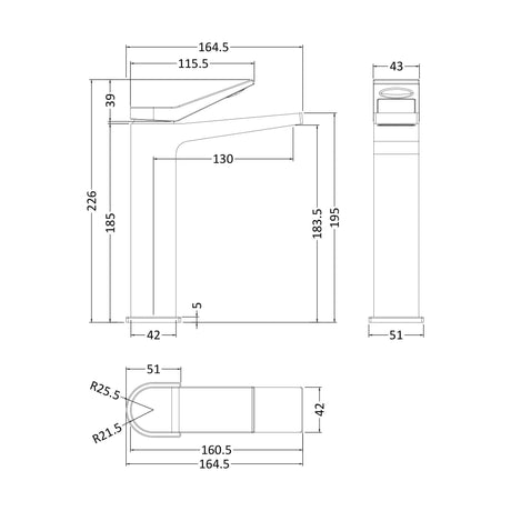 [BTSO370] Tall Mono Basin Mixer P/B Waste - Technical Drawing