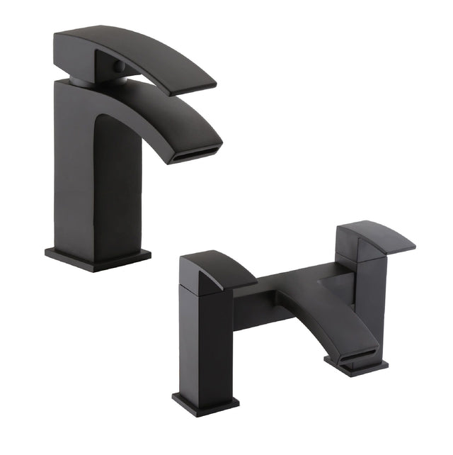 [BTT100204] Contemporary Square Mono Basin Mixer Tap and Bath Filler Set - Black - Cutout