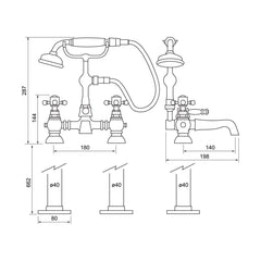 [BTT107] Traditional Bathroom Bath Shower Mixer – Crosshead, 121 x 72.5mm, Chrome - Technical Drawing