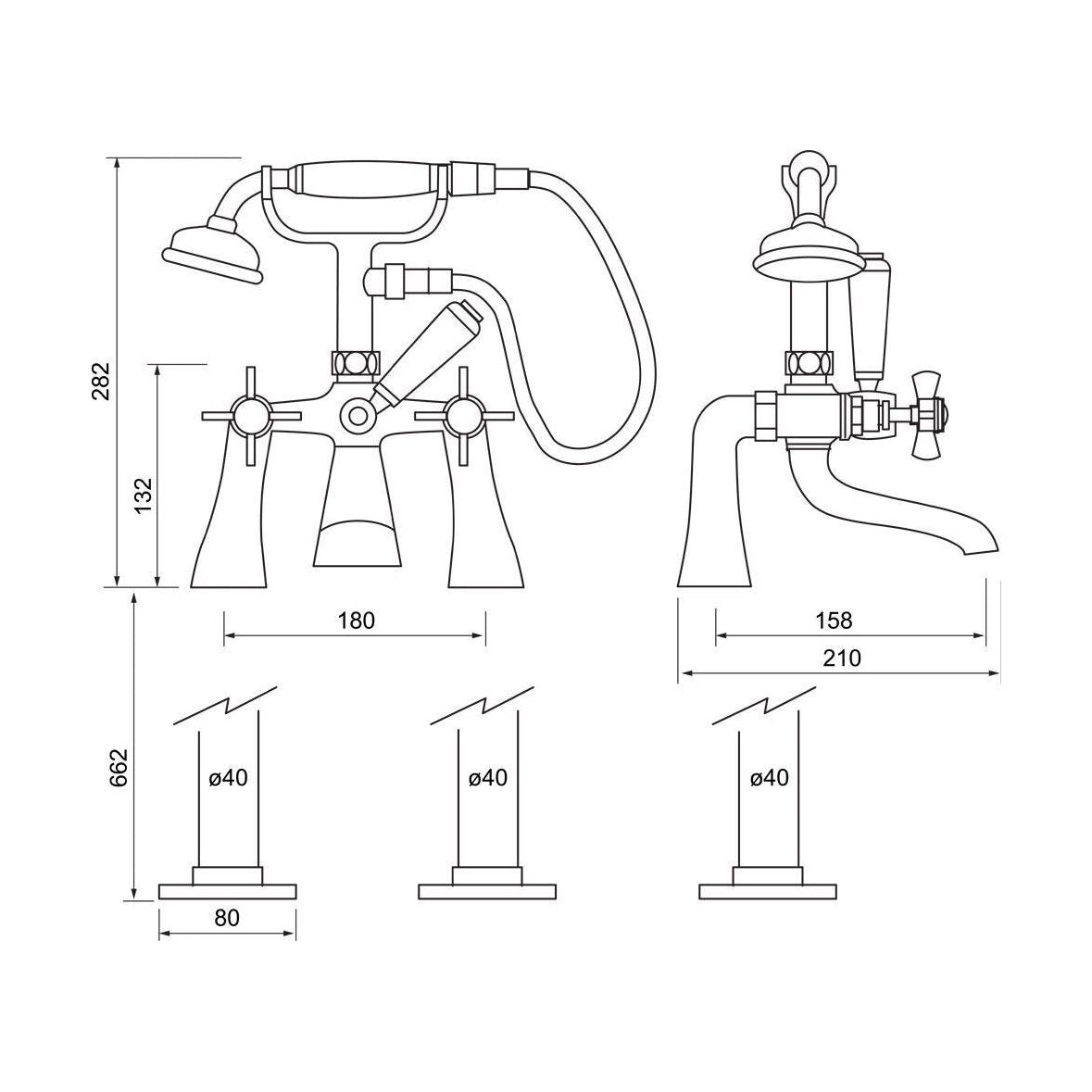 [BTT207] Traditional Bathroom Bath Shower Mixer – Crosshead, 860 x 150mm, Chrome - Technical Drawing