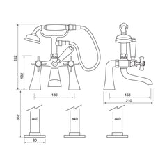 [BTT207] Traditional Bathroom Bath Shower Mixer – Crosshead, 860 x 150mm, Chrome - Technical Drawing