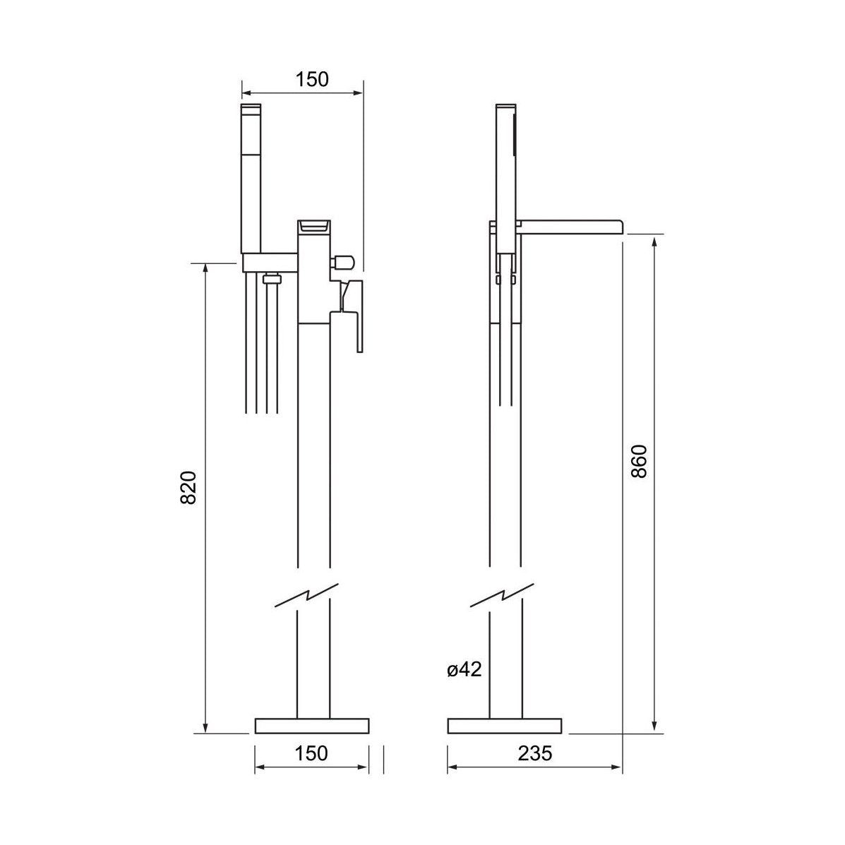 [BTT406] Contemporary Bathroom Bath Shower Mixer – Square Lever, 163.5 x 109mm, Black - Technical Drawing