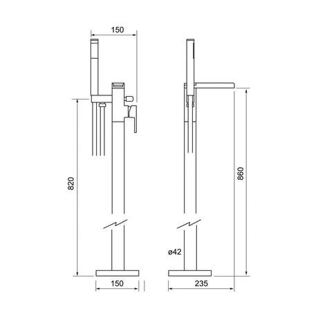 [BTT406] Contemporary Bathroom Bath Shower Mixer – Square Lever, 163.5 x 109mm, Black - Technical Drawing