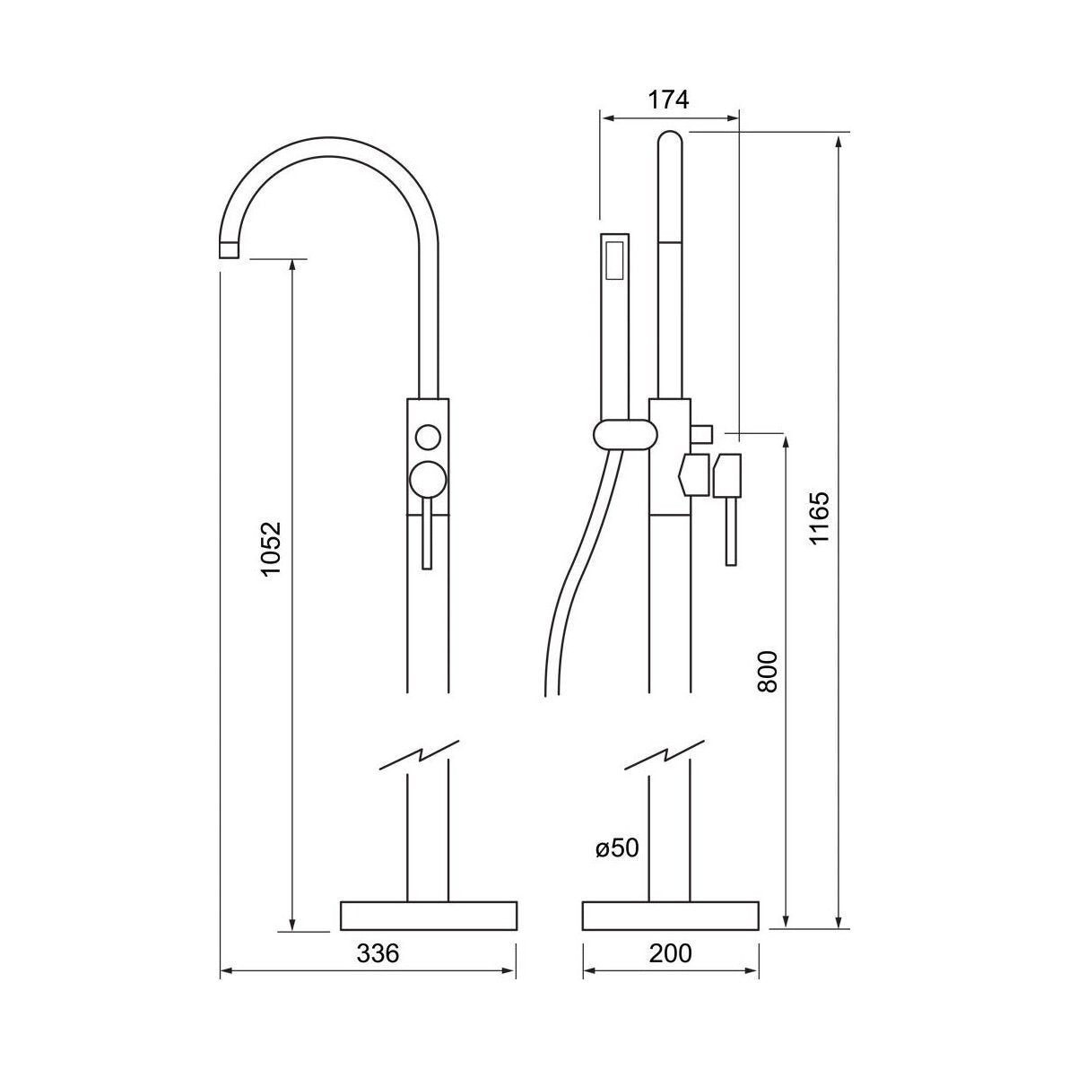 [BTT706] Contemporary Bathroom Bath Tap – Round Lever, 180 x 100mm, Chrome - Technical Drawing