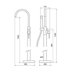 [BTT706] Contemporary Bathroom Bath Tap – Round Lever, 180 x 100mm, Chrome - Technical Drawing