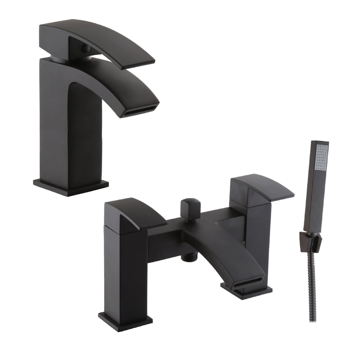 [BTT904245BL] Contemporary Waterfall Mono Basin Mixer Tap and Bath Shower Mixer Tap Set - Black - Cutout
