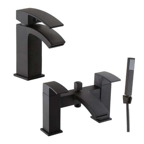 [BTT904245BL] Contemporary Waterfall Mono Basin Mixer Tap and Bath Shower Mixer Tap Set - Black - Cutout