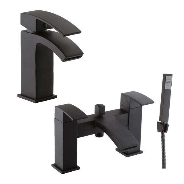 [BTT904245BL] Contemporary Waterfall Mono Basin Mixer Tap and Bath Shower Mixer Tap Set - Black - Cutout