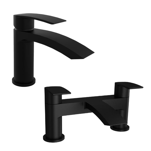 [BTT910507BL] Contemporary Curved Mono Basin Mixer Tap and Bath Filler Tap Set - Black - Cutout