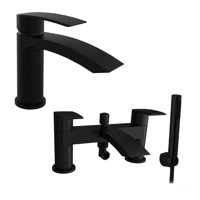 [BTT910508BL] Contemporary Curved Mono Basin Mixer Tap and Bath Shower Mixer Tap Set - Black - Cutout