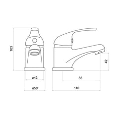 [BTTT001] Contemporary Bathroom Mono Basin Tap – Round Lever, 282 x 180mm, Chrome - Technical Drawing