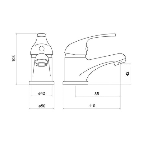 [BTTT001] Contemporary Bathroom Mono Basin Tap – Round Lever, 282 x 180mm, Chrome - Technical Drawing