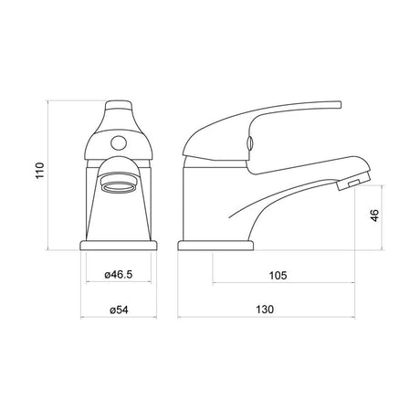 [BTTT002] Standard Single Lever Mono Basin Mixer Tap - Chrome - Technical Drawing
