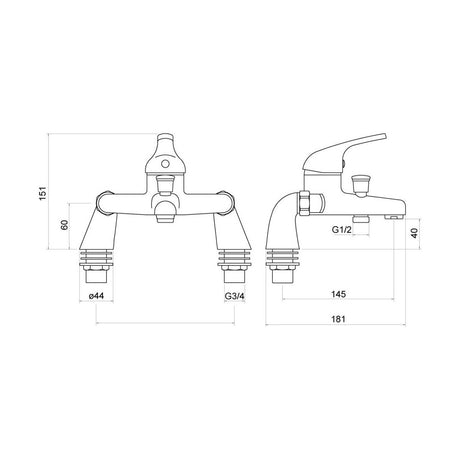 [BTTT005] Standard Deck Mounted Single Lever Bath Filler Tap - Chrome - Technical Drawing