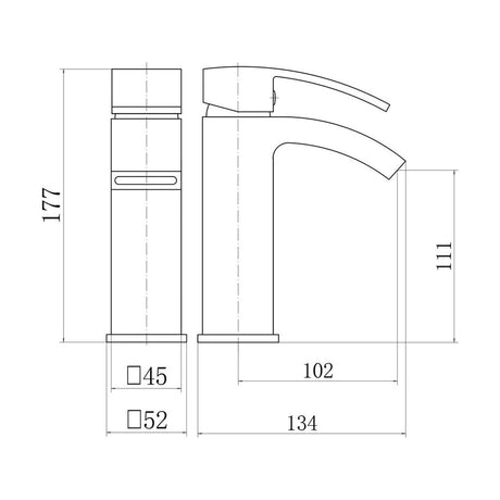[BTTT1002] Contemporary Bathroom Curved Spout Mono Basin Mixer Tap - Black - Technical Drawing