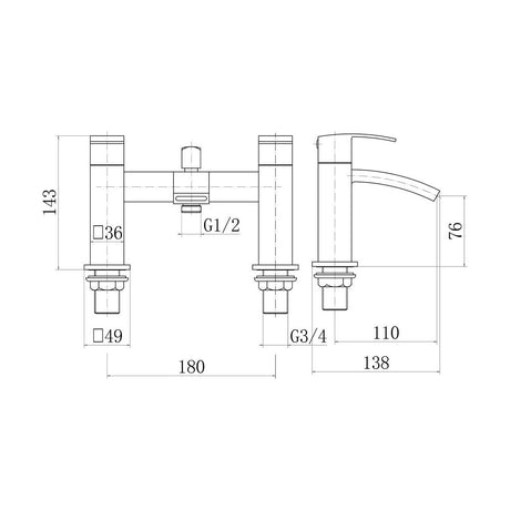 [BTTT1003] Contemporary Bathroom Curved Spout Deck Mounted Bath Shower Mixer Tap - Black - Technical Drawing