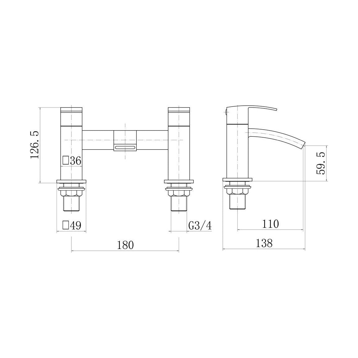[BTTT1004] Contemporary Bathroom Curved Spout Deck Mounted Bath Filler Tap - Black - Technical Drawing