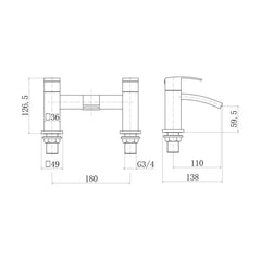 [BTTT1004] Contemporary Bathroom Curved Spout Deck Mounted Bath Filler Tap - Black - Technical Drawing
