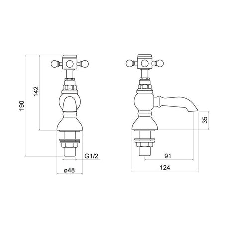 [BTTT101] Traditional Bathroom Basin Pillar Taps - Crosshead Handles - Chrome - Technical Drawing