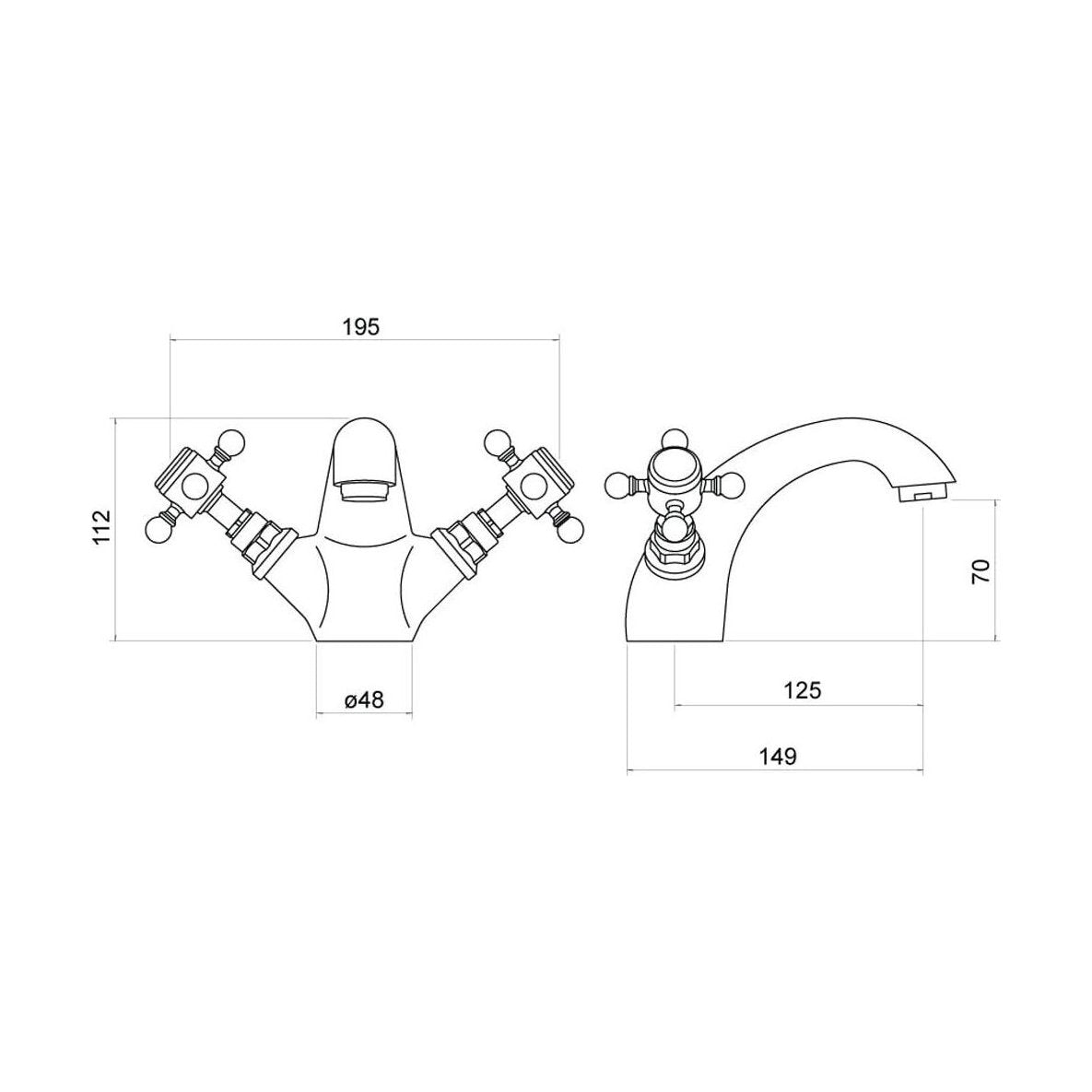 [BTTT102] Traditional Bathroom Mono Basin Mixer Tap - Crosshead Handles - Chrome - Technical Drawing