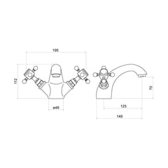 [BTTT102] Traditional Bathroom Mono Basin Mixer Tap - Crosshead Handles - Chrome - Technical Drawing