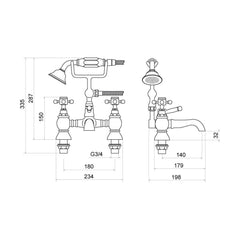 [BTTT104] Traditional Bathroom Bath Shower Mixer Tap and Kit, Crosshead Handles - Chrome - Technical Drawing