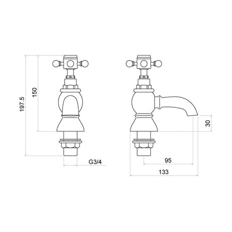 [BTTT106] Traditional Bathroom Bath Pillar Taps - Crosshead Handles - Chrome - Technical Drawing