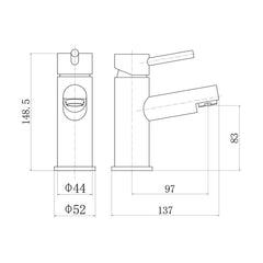 [BTTT1102] Modern Bathroom Round Minimalist Mono Basin Mixer Tap - Black - Technical Drawing
