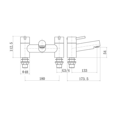 [BTTT1104] Modern Bathroom Round Minimalist Deck Mounted Bath Filler Tap - Black - Technical Drawing