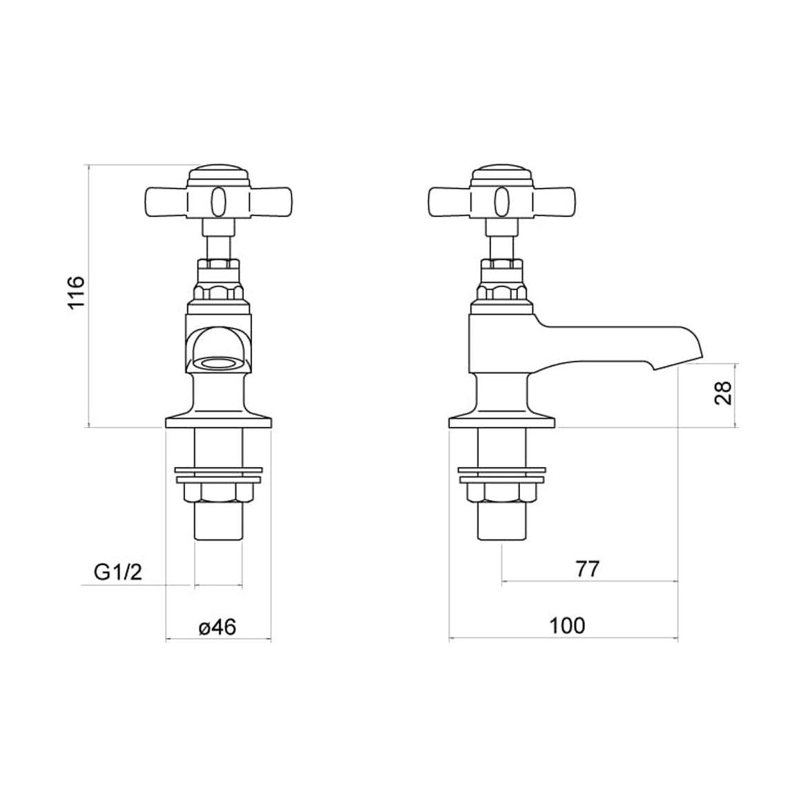[BTTT201] Traditional Crosshead Basin Pillar Taps - Chrome - Technical Drawing