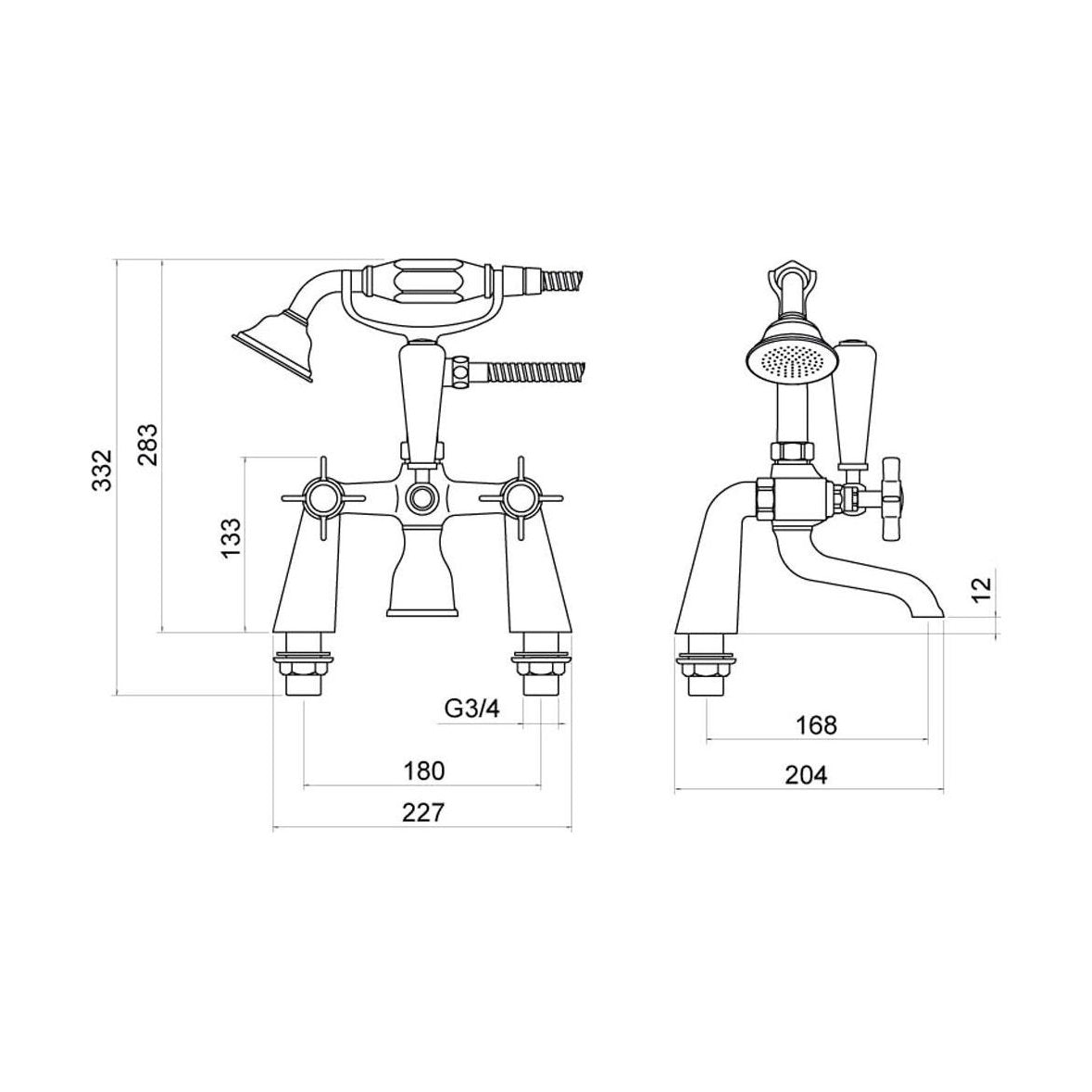 [BTTT204] Traditional Crosshead Deck Mounted Bath Shower Mixer Tap and Kit - Chrome - Technical Drawing