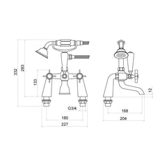 [BTTT204] Traditional Crosshead Deck Mounted Bath Shower Mixer Tap and Kit - Chrome - Technical Drawing