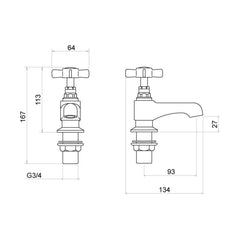 [BTTT206] Traditional Crosshead Bath Pillar Taps - Chrome - Technical Drawing