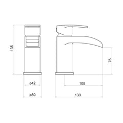 [BTTT302] Modern Bathroom Waterfall Spout Mono Basin Mixer Tap - Chrome - Technical Drawing