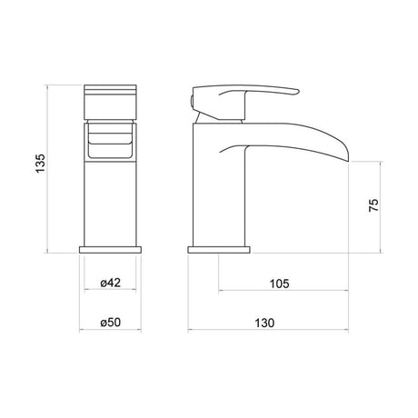 [BTTT302] Modern Bathroom Waterfall Spout Mono Basin Mixer Tap - Chrome - Technical Drawing