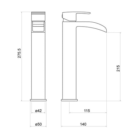 [BTTT303] Contemporary Bathroom Mono Basin Tap – Square Lever, 150 x 92mm, Chrome - Technical Drawing