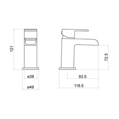 [BTTT401] Contemporary Bathroom Mono Basin Tap – Square Lever, 145 x 85mm, Chrome - Technical Drawing