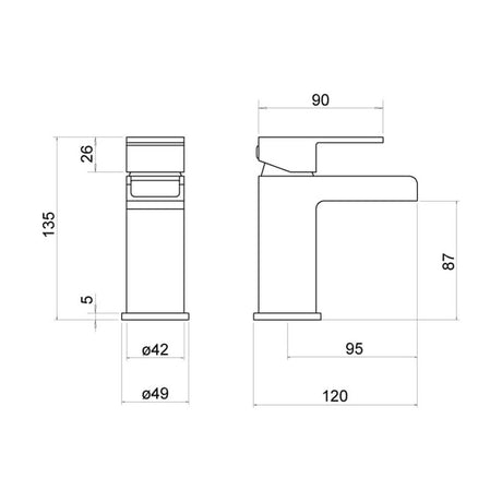 [BTTT402] Modern Bathroom Single Lever Square Waterfall Spout Mono Basin Mixer Tap - Chrome - Technical Drawing