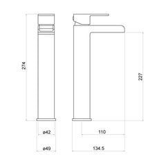 [BTTT403] Contemporary Bathroom Mono Basin Tap – Square Lever, 145 x 85mm, Chrome - Technical Drawing