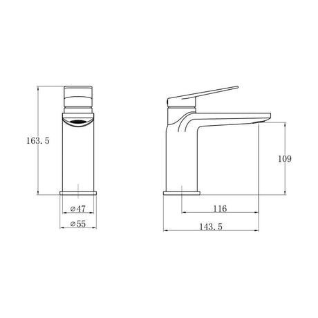 [BTTT580] Contemporary Bathroom Mono Basin Tap – Square Lever, 161 x 50mm, Chrome - Technical Drawing