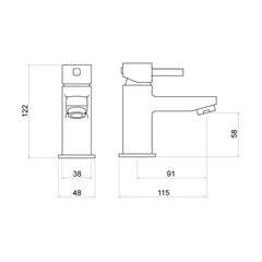 [BTTT601] Contemporary Bathroom Mono Basin Tap – Square Lever, 259.5 x 134mm, Chrome - Technical Drawing