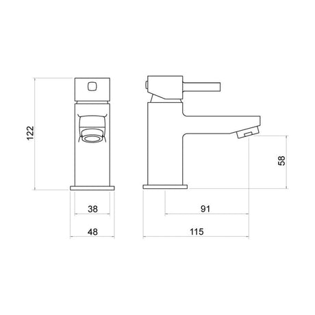 [BTTT601] Contemporary Bathroom Mono Basin Tap – Square Lever, 259.5 x 134mm, Chrome - Technical Drawing