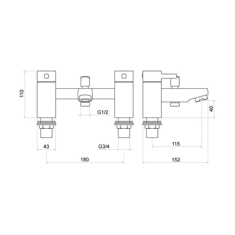[BTTT604] Contemporary Bathroom Soft Square Deck Mounted Bath Shower Mixer Tap with Kit - Chrome - Technical Drawing