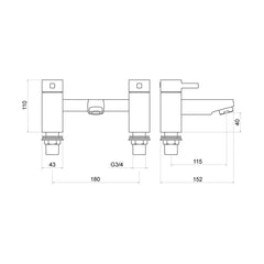 [BTTT605] Contemporary Bathroom Soft Square Deck Mounted Bath Filler Tap - Chrome - Technical Drawing